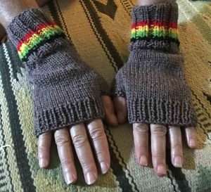 natural pure wool hand knitted fingerless gloves in the rasta colors