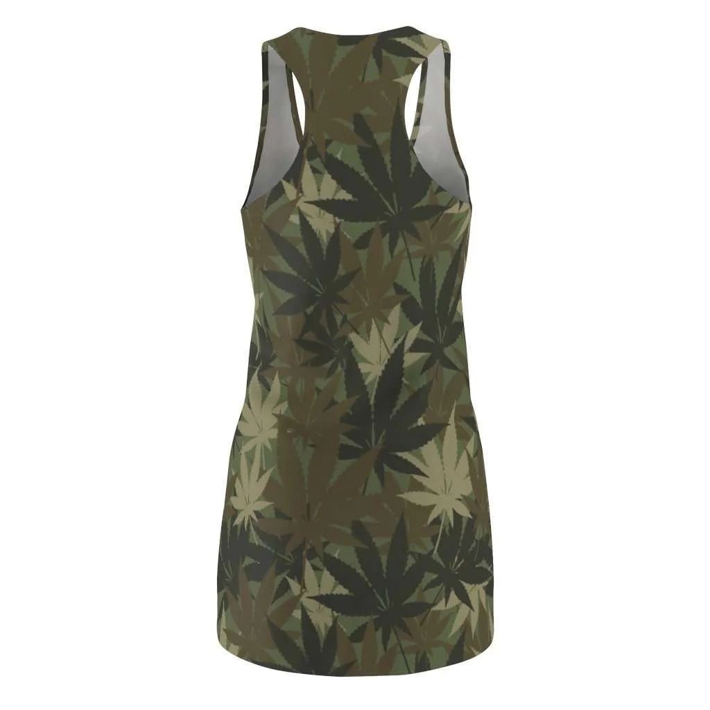 Hemp Camo Racerback Dress. Cannabis sativa camouflage design pattern. Rastaseed Reggae Jamaican and Rastafarian gear and clothing.