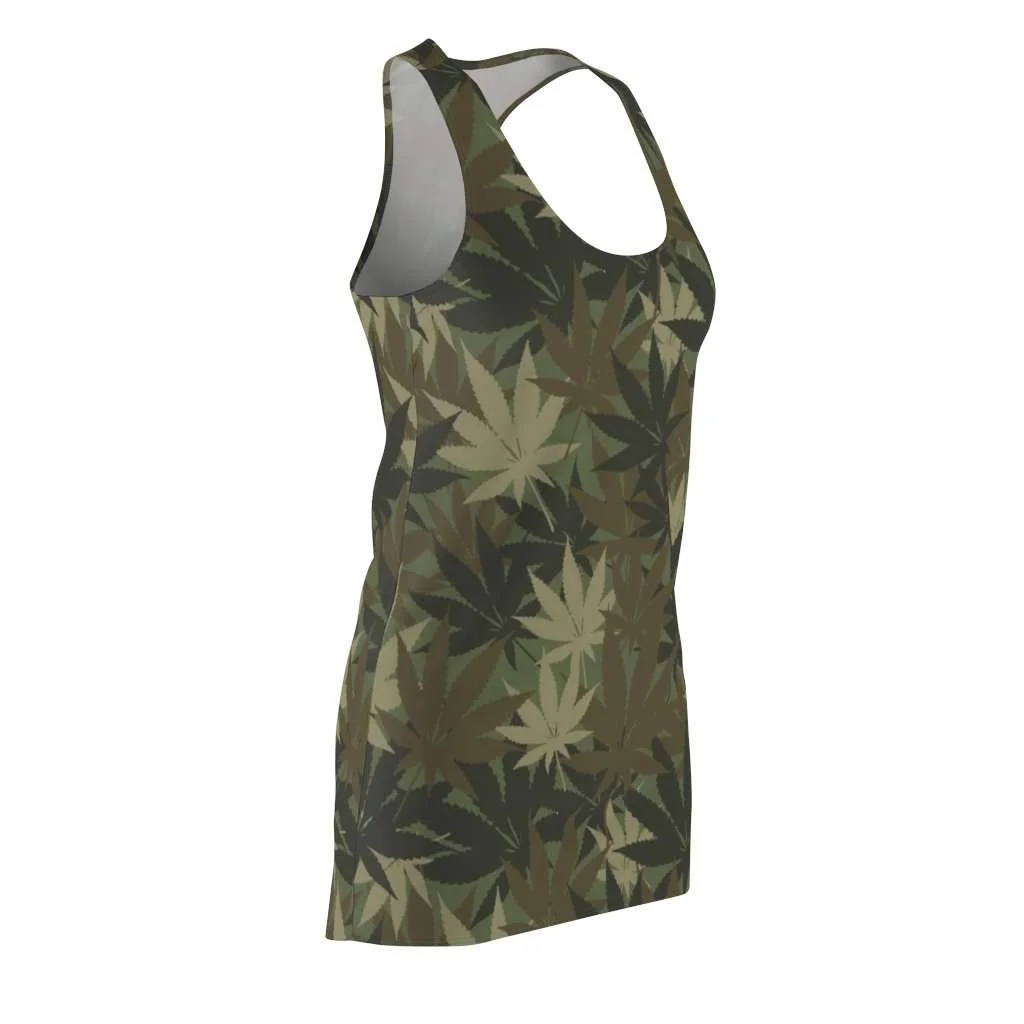 Hemp Camo Racerback Dress. Cannabis sativa camouflage design pattern. Rastaseed Reggae Jamaican and Rastafarian gear and clothing.