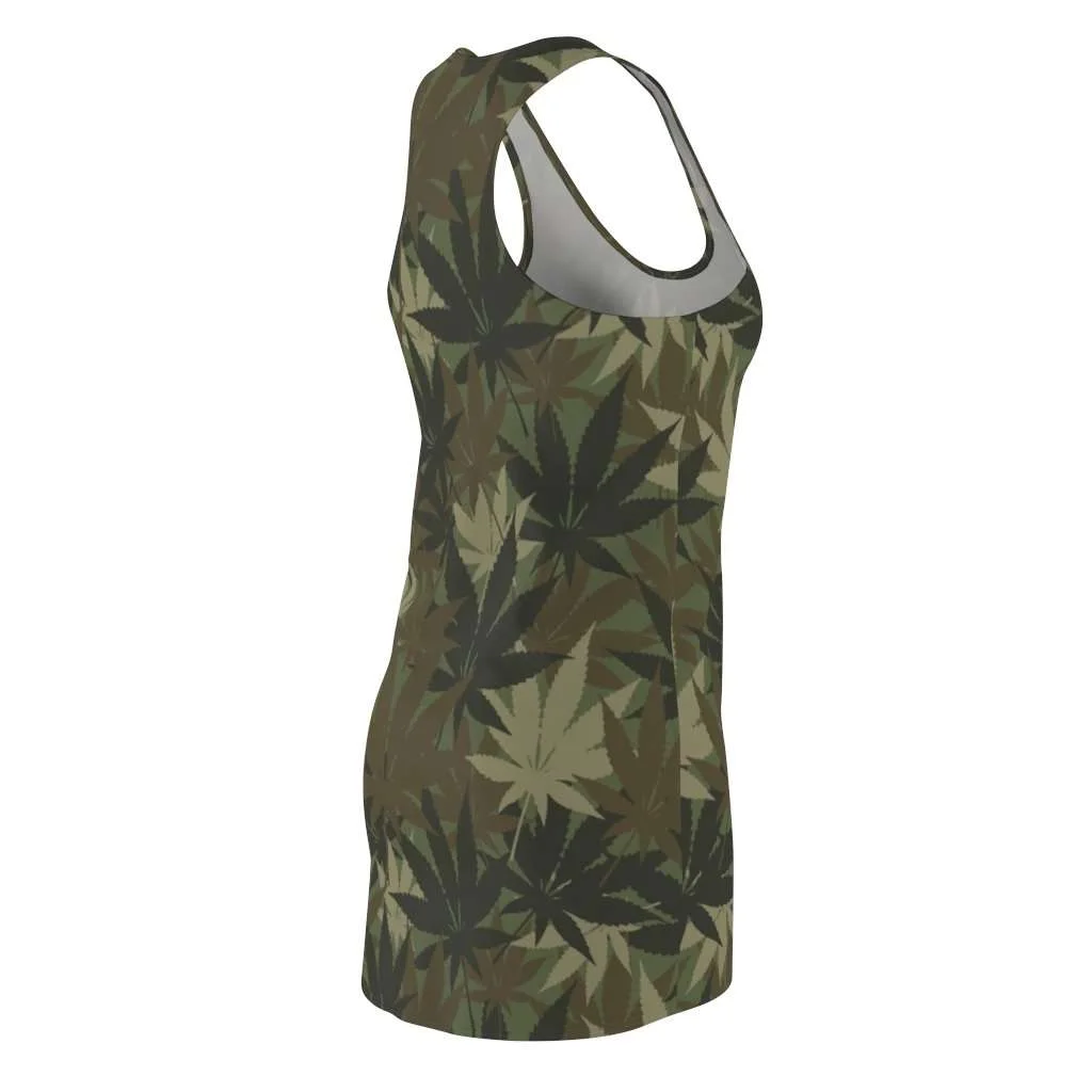 Hemp Camo Racerback Dress. Cannabis sativa camouflage design pattern. Rastaseed Reggae Jamaican and Rastafarian gear and clothing.