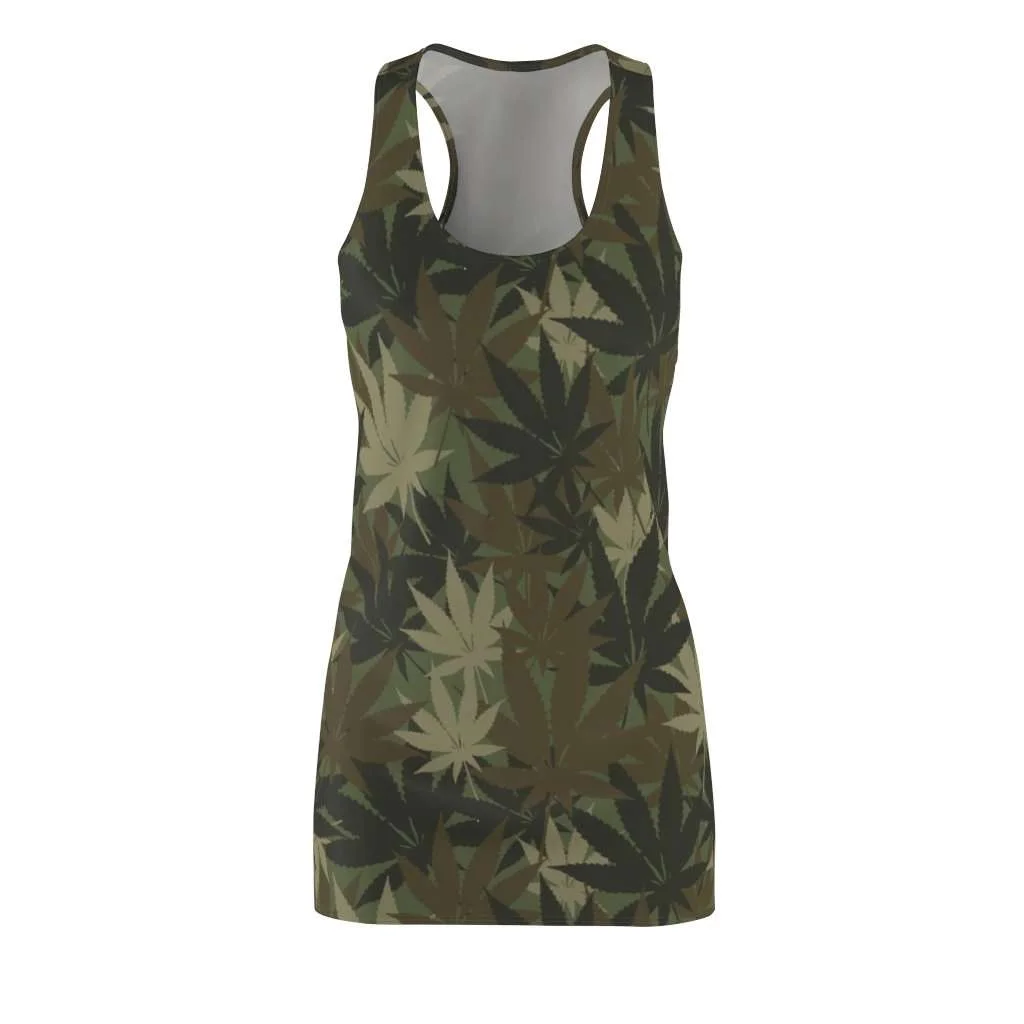 Hemp Camo Racerback Dress. Cannabis sativa camouflage design pattern. Rastaseed Reggae Jamaican and Rastafarian gear and clothing.