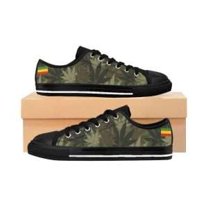 Hemp Camouflage sneakers. Cannabis sativa pattern with Rasta colors. Rastaseed original jamaican Reggae merchandise clothing and shoes.