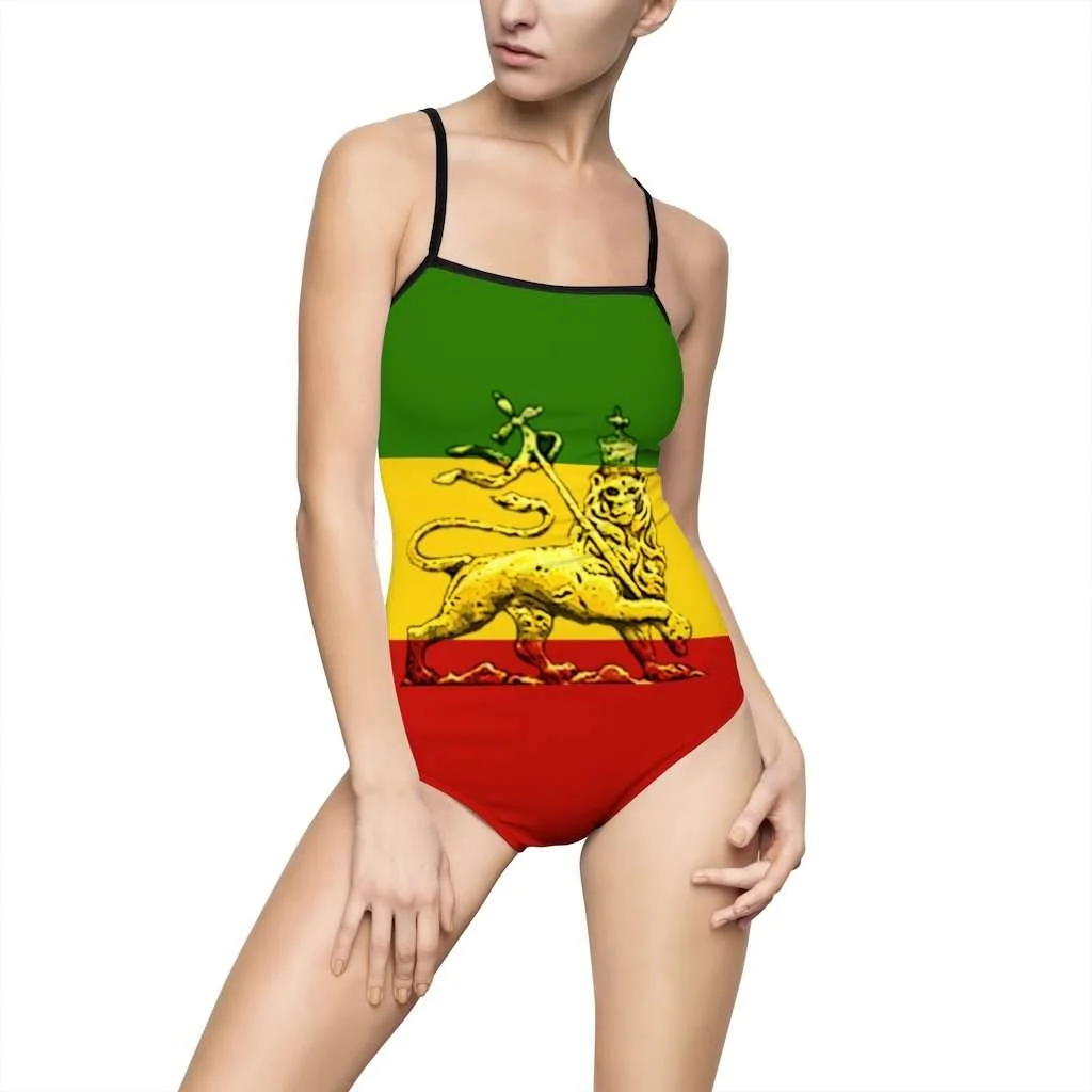 Lion of Judah Rasta Womens One-piece Swimsuit with black straps. Lion of Judah on the front. Large selection of Rastafarian Jamaican swimwear.