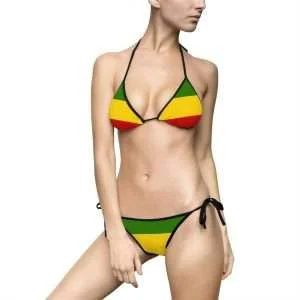 Rasta Womens Bikini Swimsuit is a string bikini in the Rasta colors of red gold and green with black ties. Large selection of Rastafarian Jamaican swimwear.