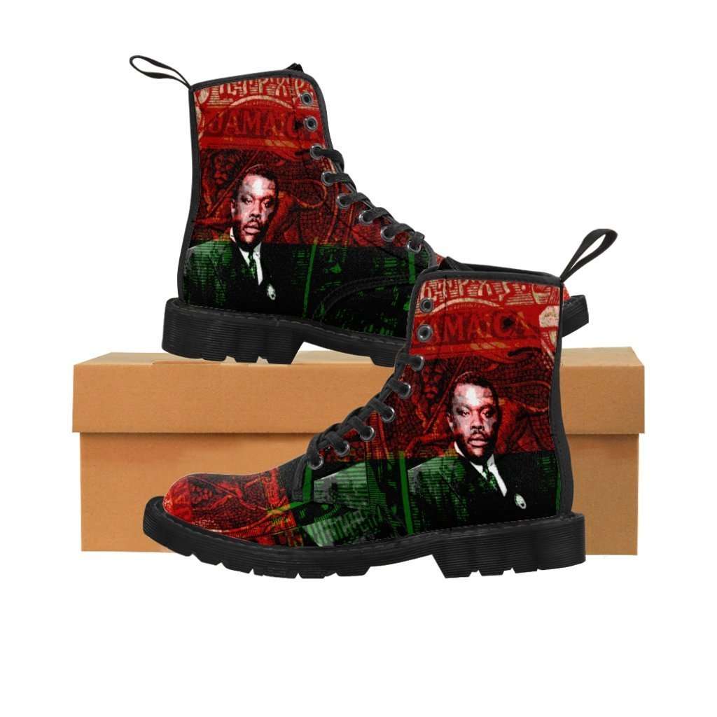 Marcus Garvey Revolutionary Boots in Pan African Afro American colors. Jamaican Freedom fighter at Rastaseed.com Jamaican merchandise.