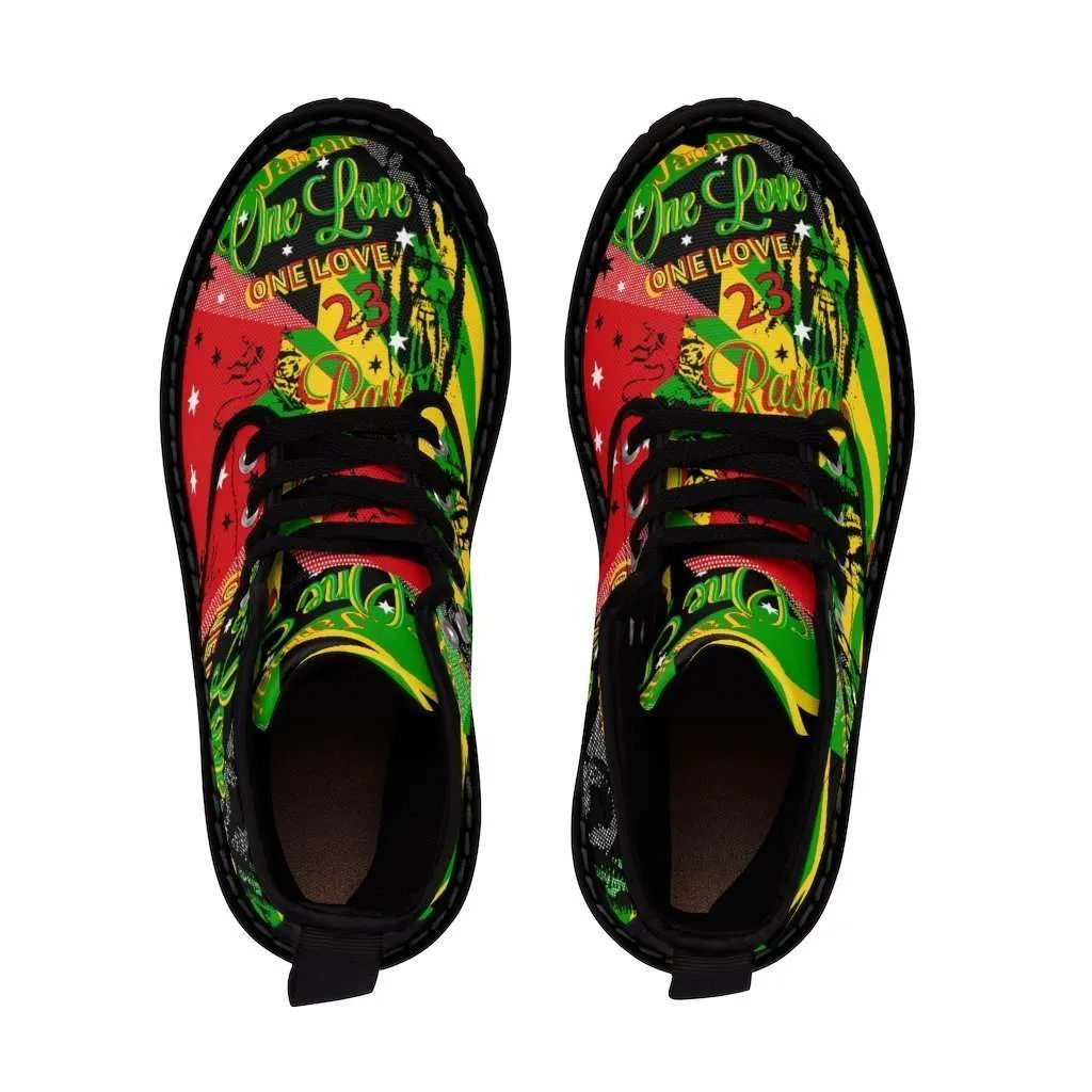 One Love Reggae Party Boots in the Rasta colors. Jamaican and Rastafarian symbology at Rastaseed clothing merchandise and shoes.