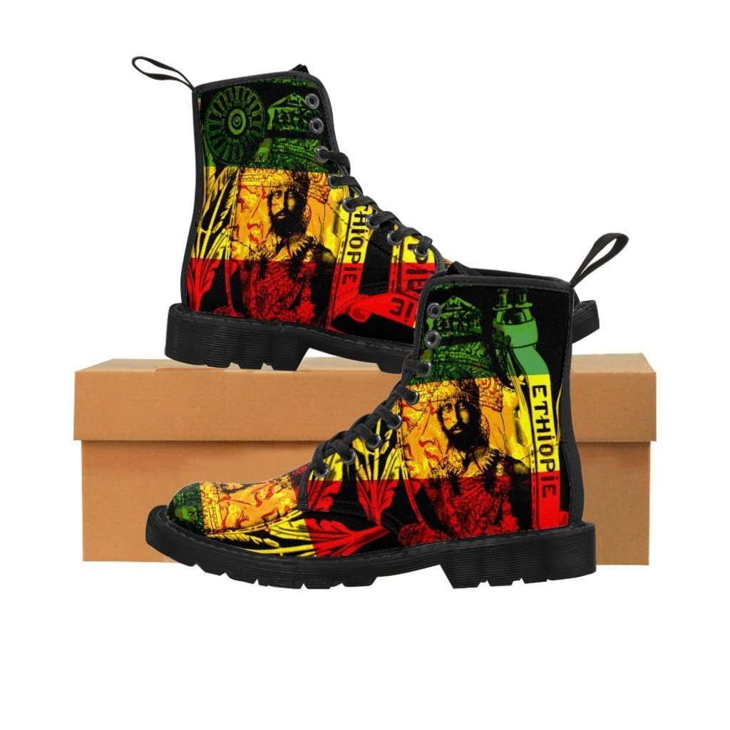 Haile Selassie Boots in red gold green design. Rasta seed original Rasta merchandise, gideon boots and clothing shop.