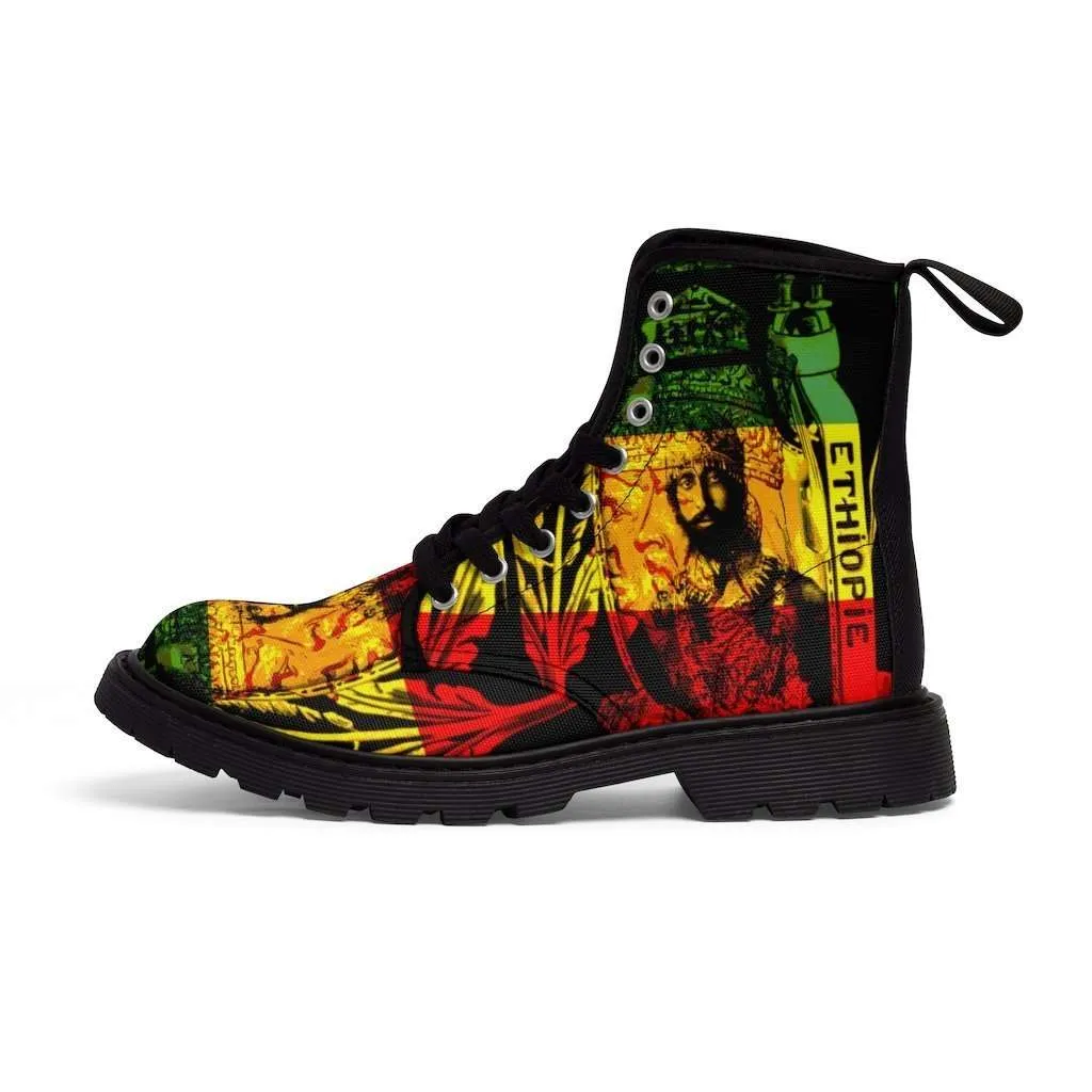 Haile Selassie Boots in red gold green design. Rasta seed original Rasta merchandise, gideon boots and clothing shop.