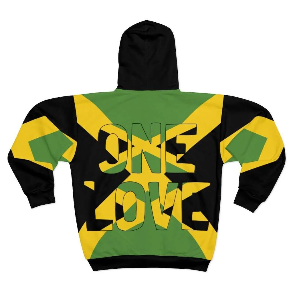 Jamaican One Love Hoodie with Coat of Arms and Jamaica on the front and one love on the back. Jamaican flag design and colors at Rastaseed.