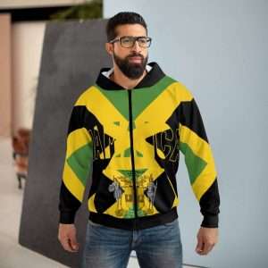 Jamaican One Love Hoodie with Coat of Arms and Jamaica on the front and one love on the back. Jamaican flag design and colors at Rastaseed.