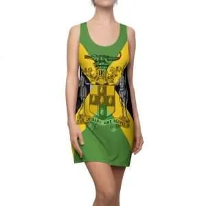 Jamaican Coat of Arms Racerback Dress Out of Many One People Design in Jamaican colors. Rastaseed clothing merchandise and Rasta wear.