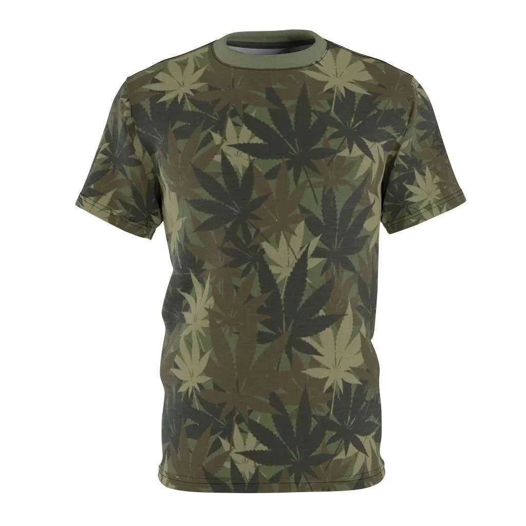 Hemp Leaf Camo T-shirt. Vivid all over print khaki hemp camouflage design at Rastaseed.com. Original Rasta, hemp and Reggae gear.