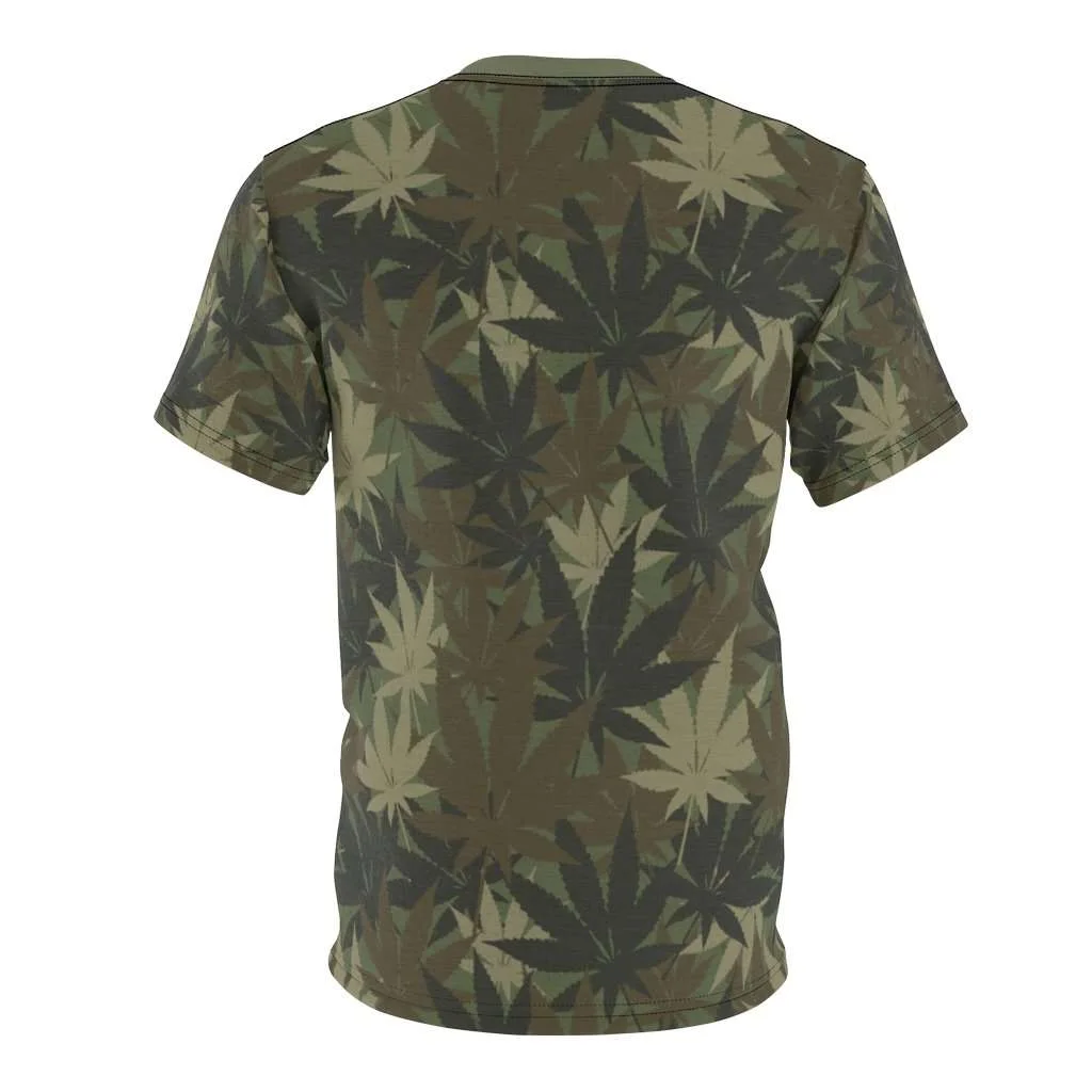 Hemp Leaf Camo T-shirt. Vivid all over print khaki hemp camouflage design at Rastaseed.com. Original Rasta, hemp and Reggae gear.
