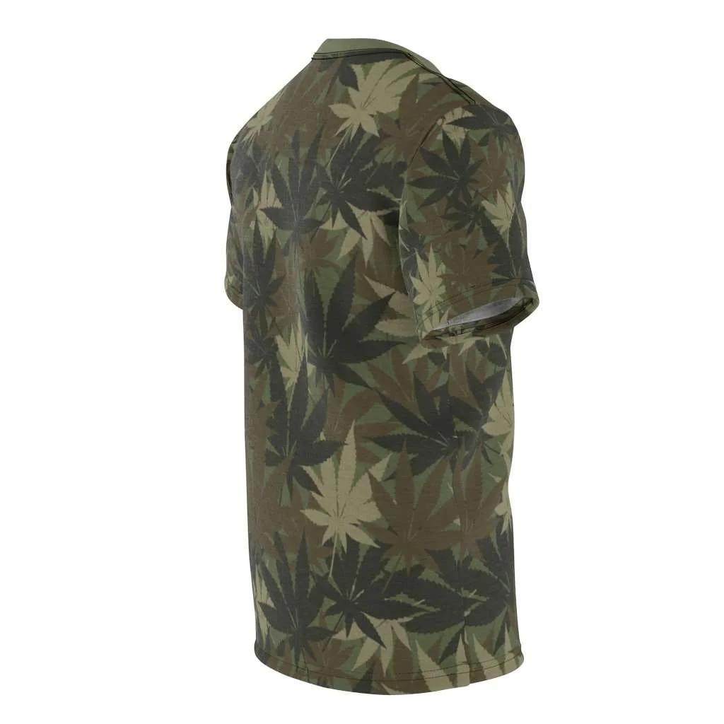 Hemp Leaf Camo T-shirt. Vivid all over print khaki hemp camouflage design at Rastaseed.com. Original Rasta, hemp and Reggae gear.