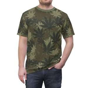 Hemp Leaf Camo T-shirt. Vivid all over print khaki hemp camouflage design at Rastaseed.com. Original Rasta, hemp and Reggae gear.