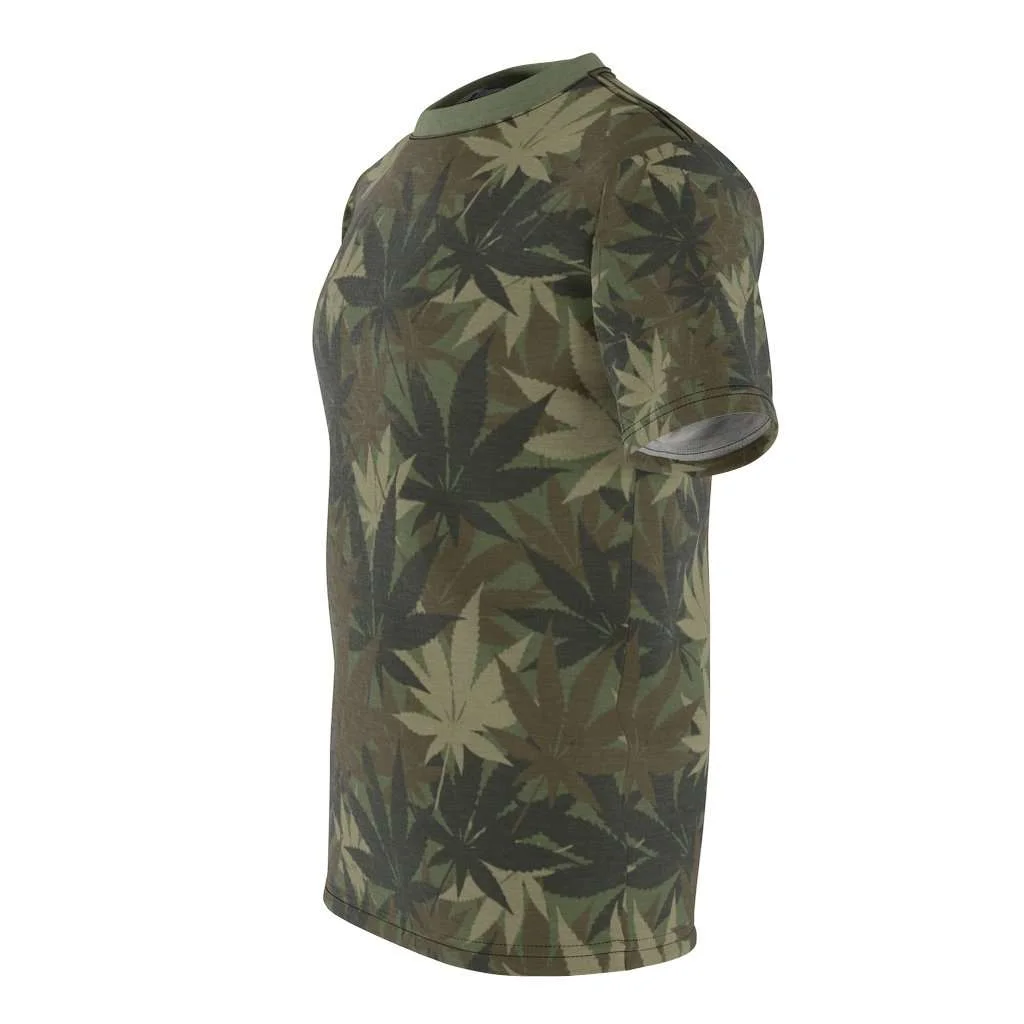 Hemp Leaf Camo T-shirt. Vivid all over print khaki hemp camouflage design at Rastaseed.com. Original Rasta, hemp and Reggae gear.