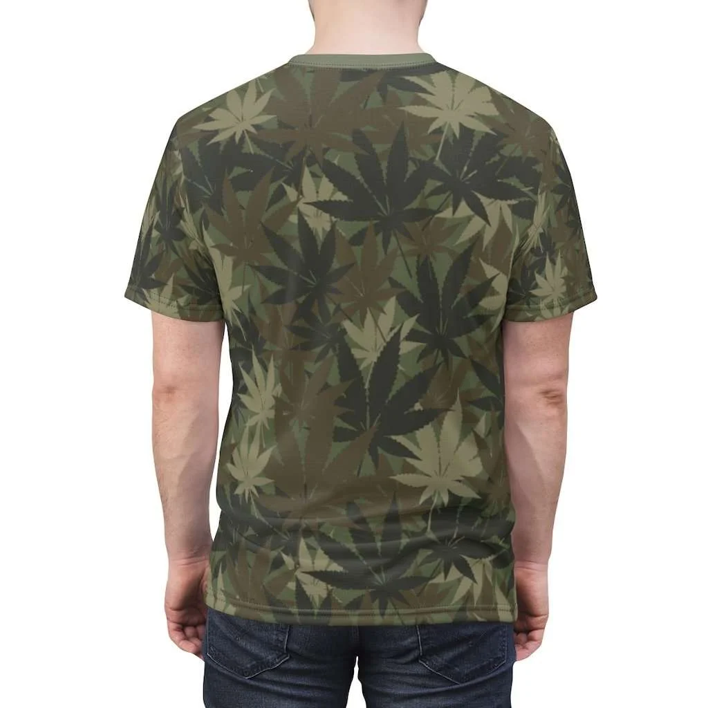 Hemp Leaf Camo T-shirt. Vivid all over print khaki hemp camouflage design at Rastaseed.com. Original Rasta, hemp and Reggae gear.