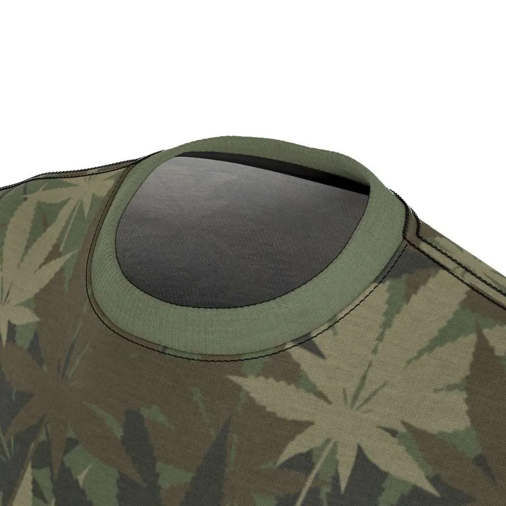 Hemp Leaf Camo T-shirt. Vivid all over print khaki hemp camouflage design at Rastaseed.com. Original Rasta, hemp and Reggae gear.