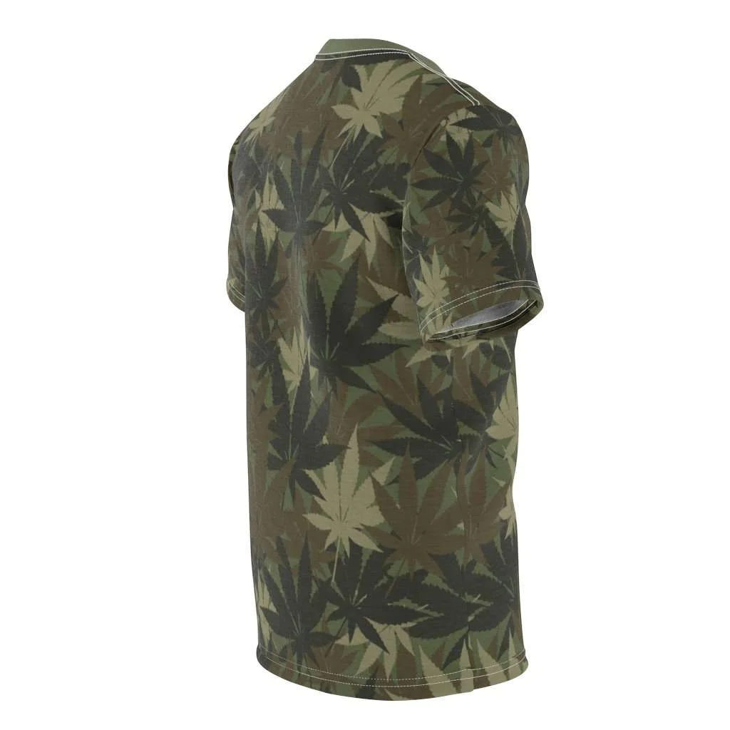 Hemp Leaf Camo T-shirt. Vivid all over print khaki hemp camouflage design at Rastaseed.com. Original Rasta, hemp and Reggae gear.