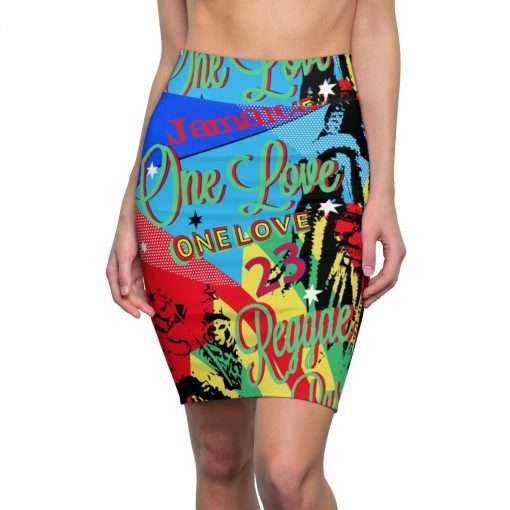 One Love Reggae Party Pencil Skirt. Vivid all over print design in fun funky colors at Rastaseed.com Original Jamaican Reggae Rasta gear.