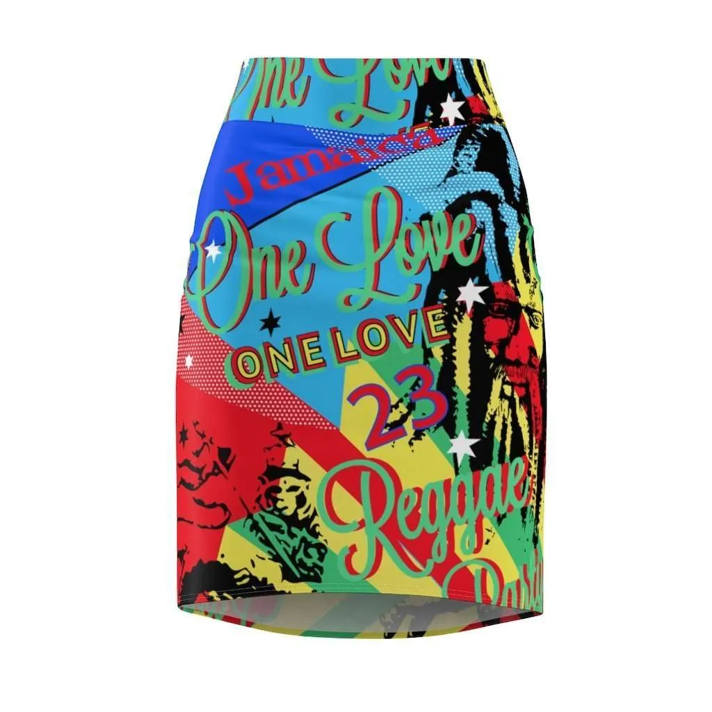 One Love Reggae Party Pencil Skirt. Vivid all over print design in fun funky colors at Rastaseed.com Original Jamaican Reggae Rasta gear.
