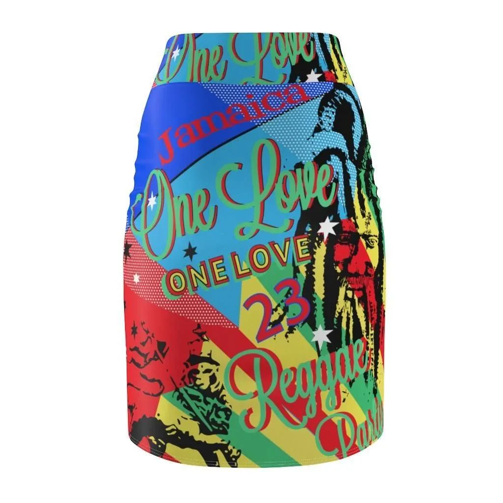 One Love Reggae Party Pencil Skirt. Vivid all over print design in fun funky colors at Rastaseed.com Original Jamaican Reggae Rasta gear.