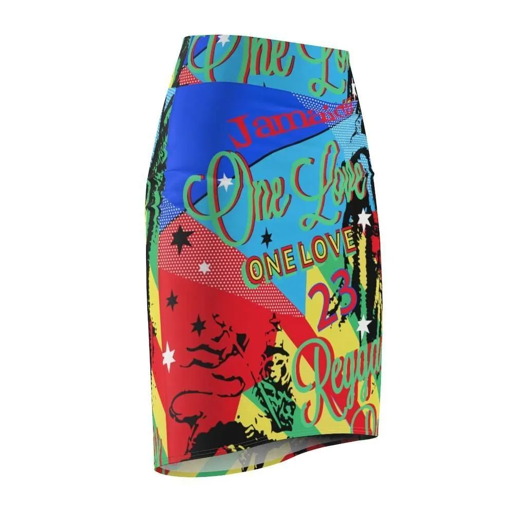 One Love Reggae Party Pencil Skirt. Vivid all over print design in fun funky colors at Rastaseed.com Original Jamaican Reggae Rasta gear.