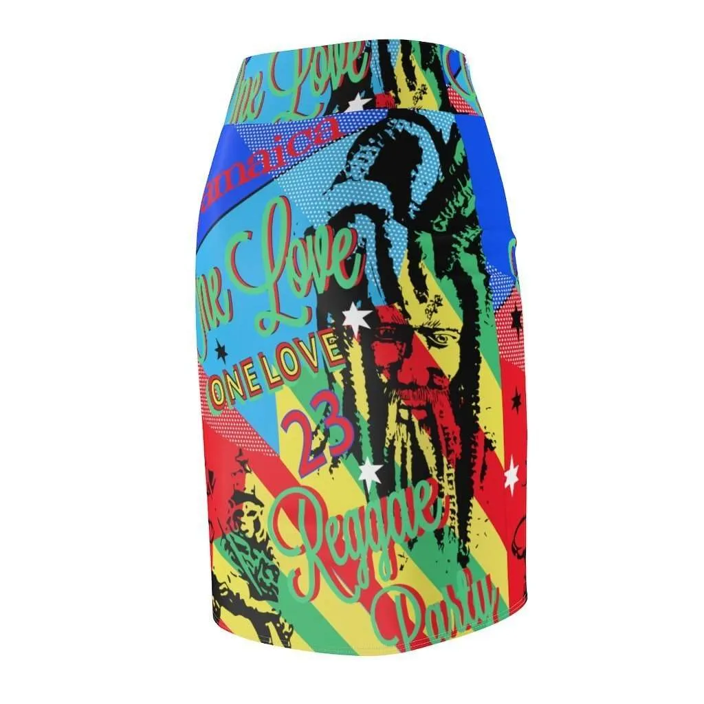 One Love Reggae Party Pencil Skirt. Vivid all over print design in fun funky colors at Rastaseed.com Original Jamaican Reggae Rasta gear.