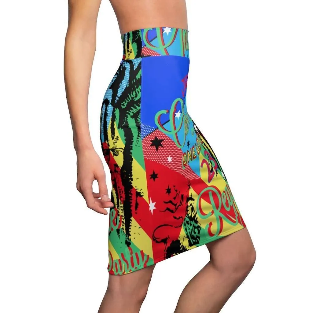 One Love Reggae Party Pencil Skirt. Vivid all over print design in fun funky colors at Rastaseed.com Original Jamaican Reggae Rasta gear.