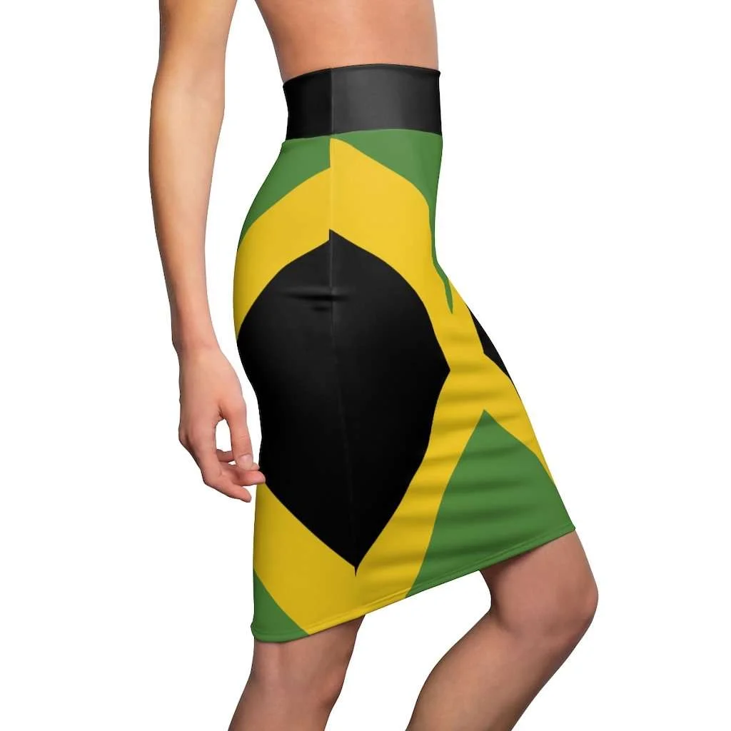Jamaican Women's Pencil Skirt in Jamaican Flag design. Sexy fun skirt in all sizes at Rastaseed.com original merchandise.