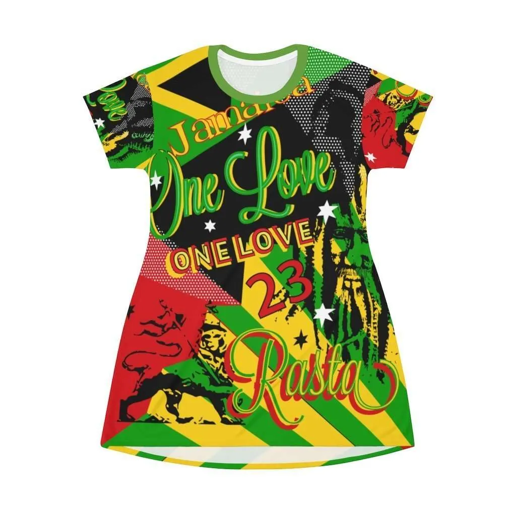 Reggae Rasta Party T-Shirt Dress in vivid all over print design. Rasta colors and Jamaican Reggae symbology in this fun orginal design.