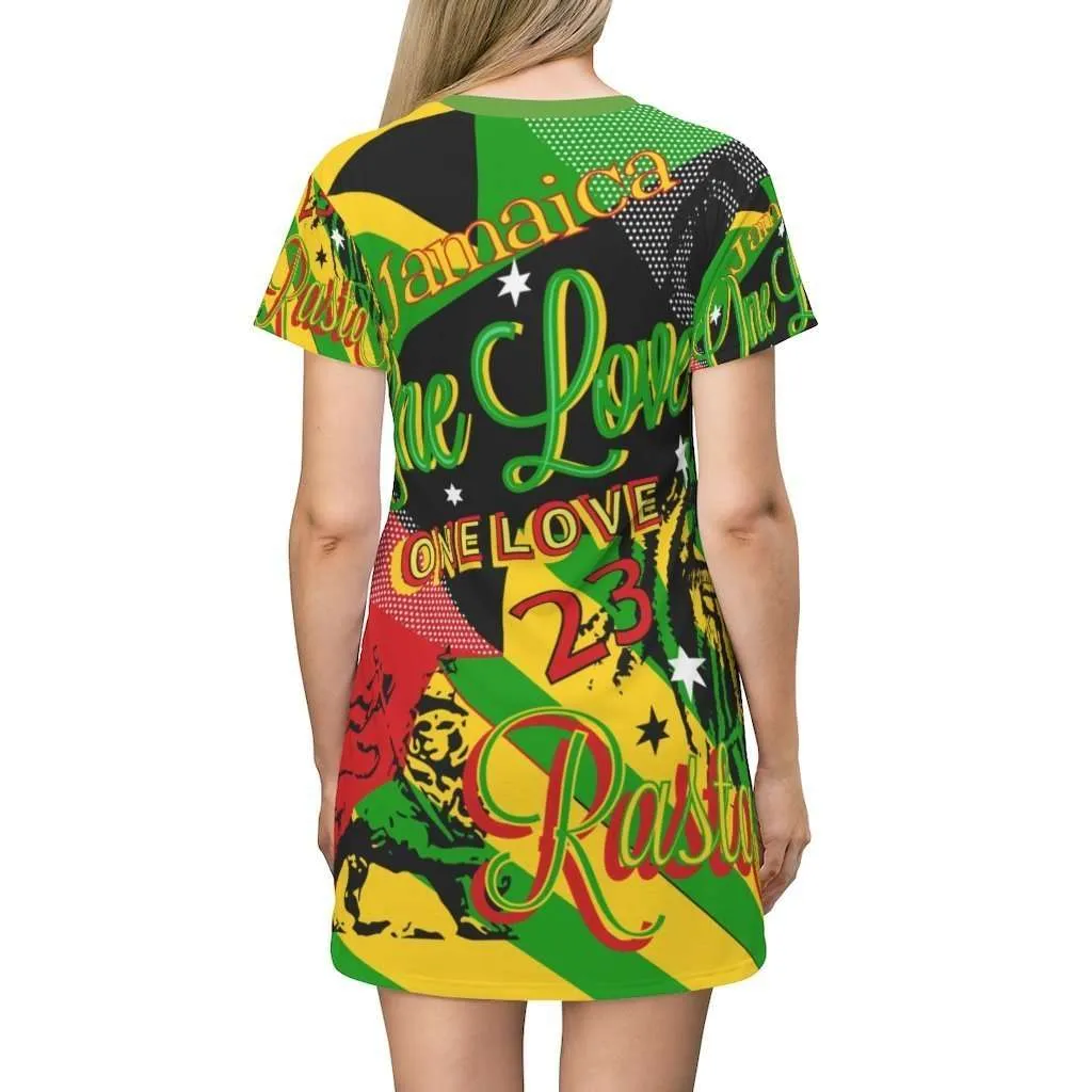 Reggae Rasta Party T-Shirt Dress in vivid all over print design. Rasta colors and Jamaican Reggae symbology in this fun orginal design.