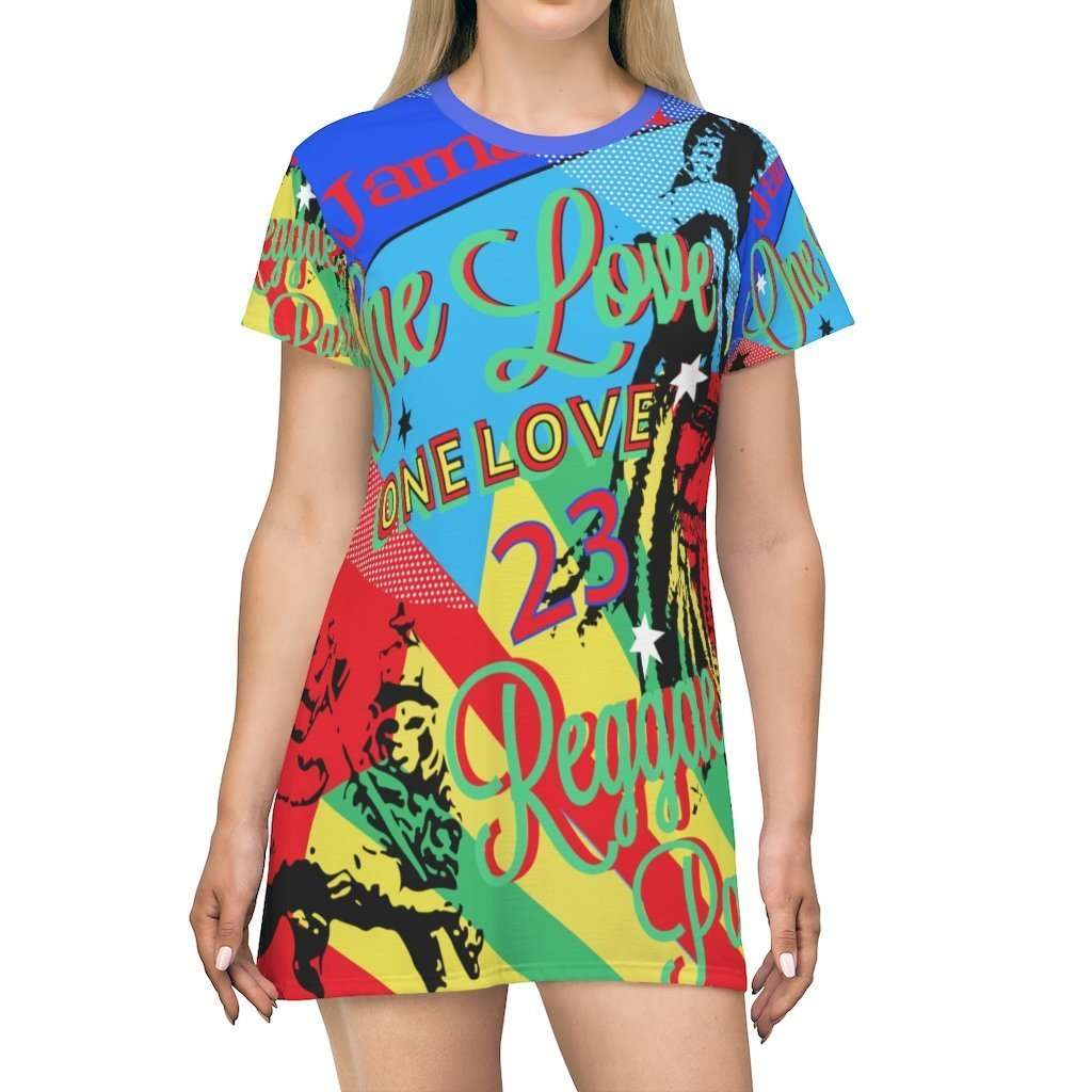 One Love Reggae Party T-Shirt Dress at Rastaseed.com. Vivid all over print design on this funky fun outfit for your next reggae party.