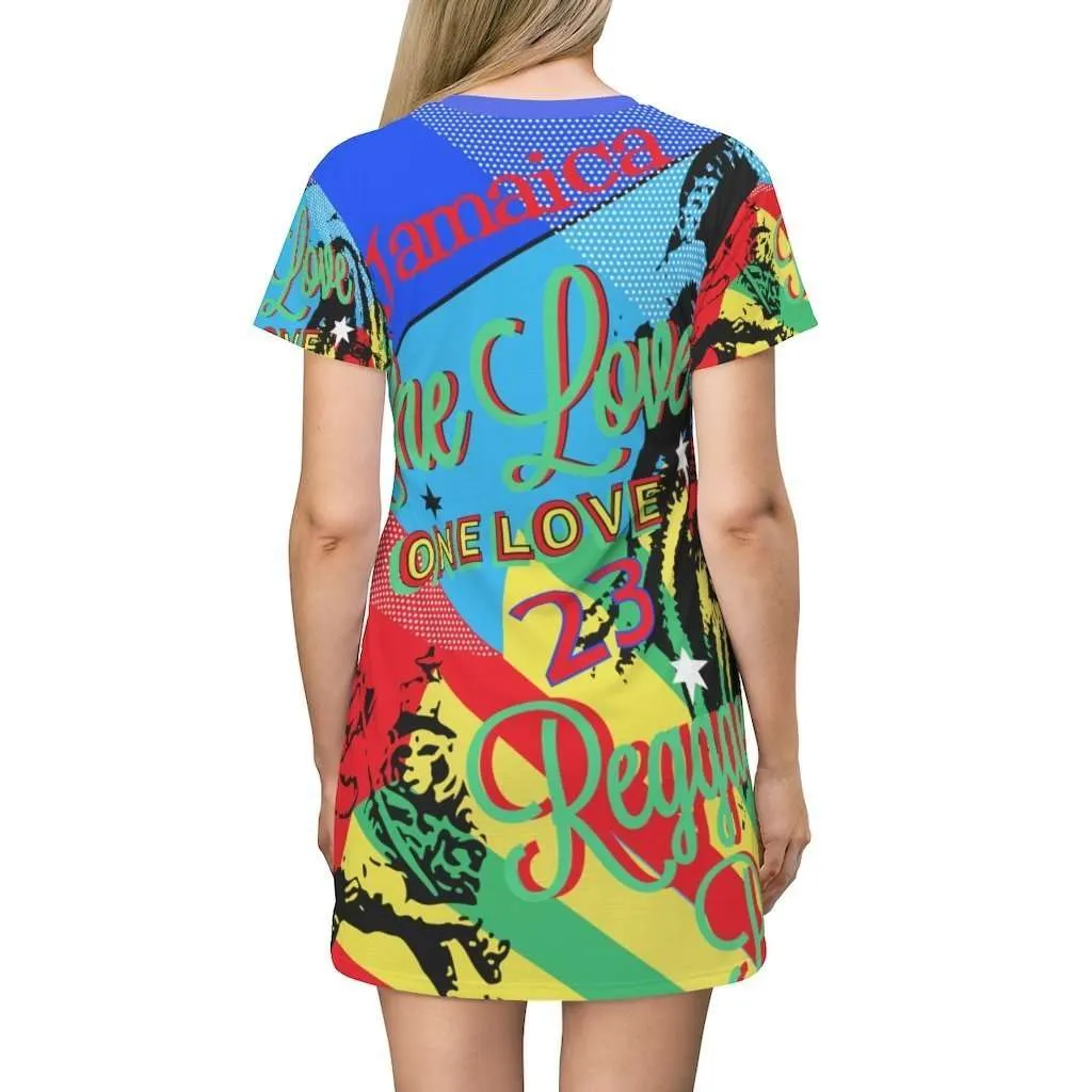 One Love Reggae Party T-Shirt Dress at Rastaseed.com. Vivid all over print design on this funky fun outfit for your next reggae party.
