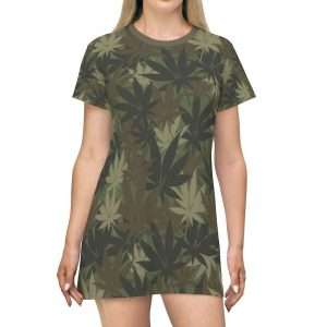 Hemp camo t-shirt dress in khaki hemp leaf camouflage design. Comfortable fit and available in all sizes at Rastaseed.com