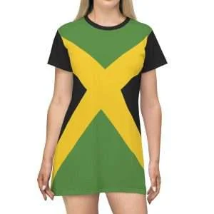 Jamaican Flag T-Shirt Dress in the Jamaican colors. Comfortable fit and vivid all over print design from Rastaseed.com