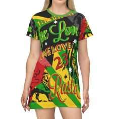 Reggae Rasta Party T-Shirt Dress in vivid all over print design. Rasta colors and Jamaican Reggae symbology in this fun orginal design.