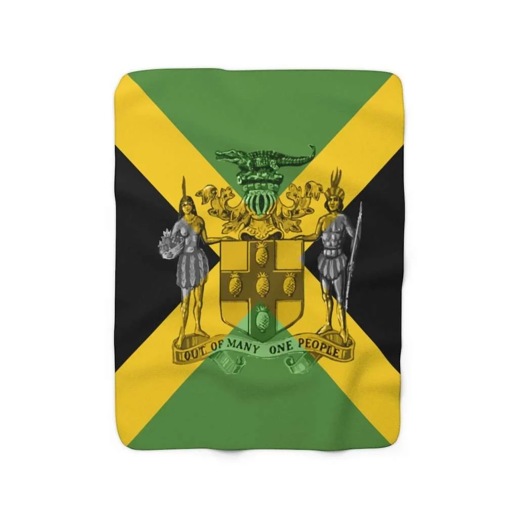 Jamaican Sherpa Fleece Blanket in vivid all over print design. Jamaican Flag with Coat of Arms Out of Many One People.