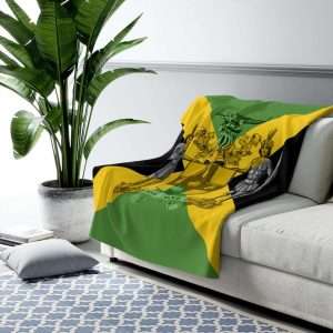 Jamaican Sherpa Fleece Blanket in vivid all over print design. Jamaican Flag with Coat of Arms Out of Many One People.