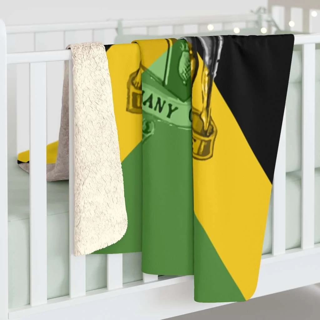Jamaican Sherpa Fleece Blanket in vivid all over print design. Jamaican Flag with Coat of Arms Out of Many One People.
