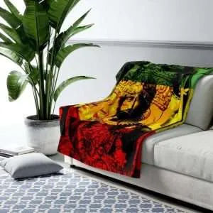 Haile Selassie Sherpa Fleece Blanket in vivid all over print rasta red gold and green design. Rastaseed merchandise and clothing.