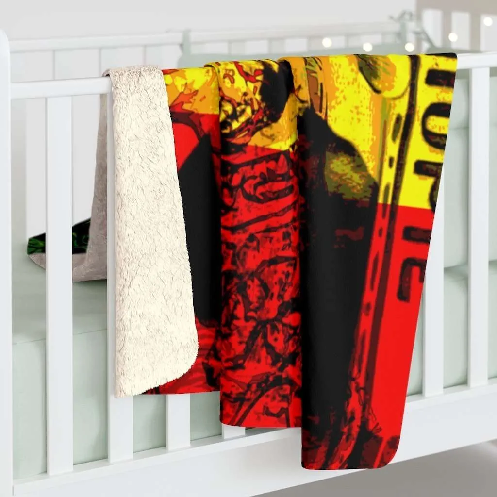 Haile Selassie Sherpa Fleece Blanket in vivid all over print rasta red gold and green design. Rastaseed merchandise and clothing.