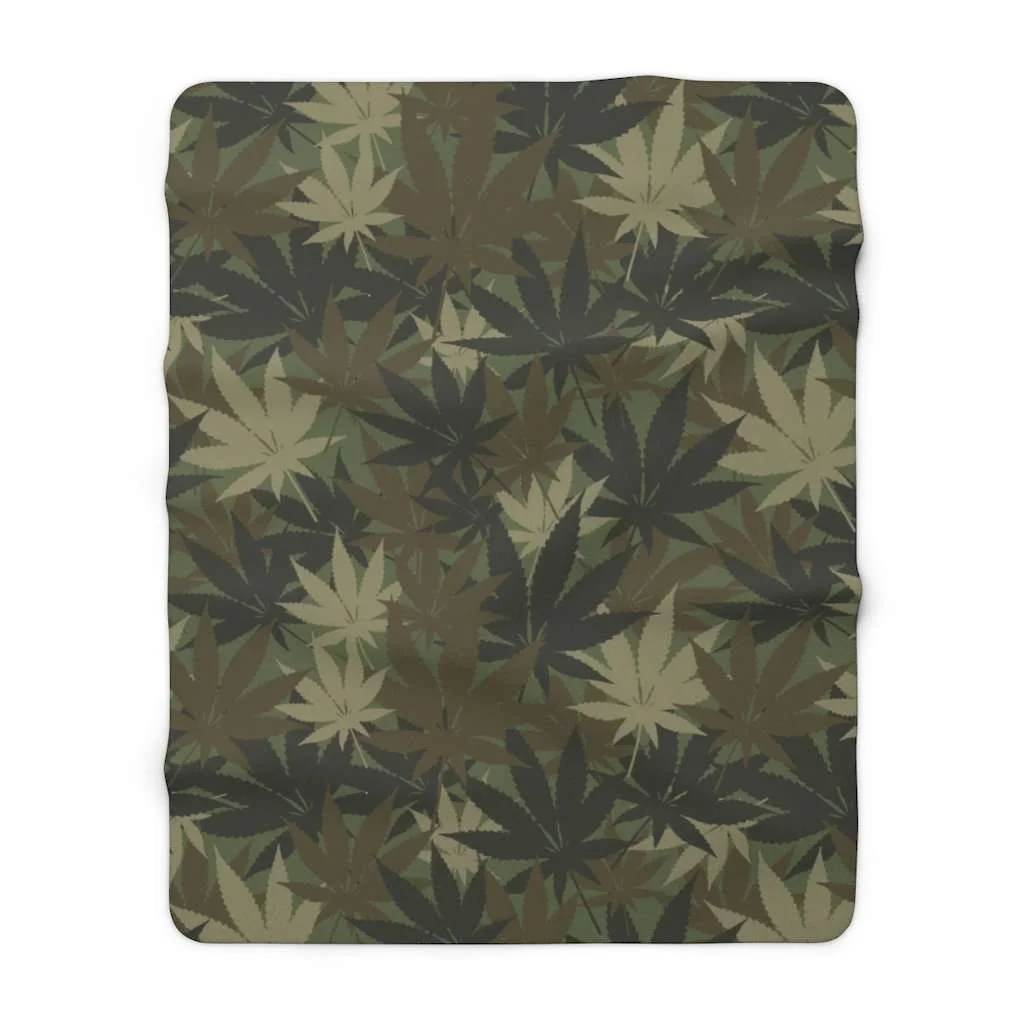Hemp Camo Rasta Sherpa Fleece Blanket in vivid all over print design. Hemp Leaf Camouflage design, deliciously warm and cosy.
