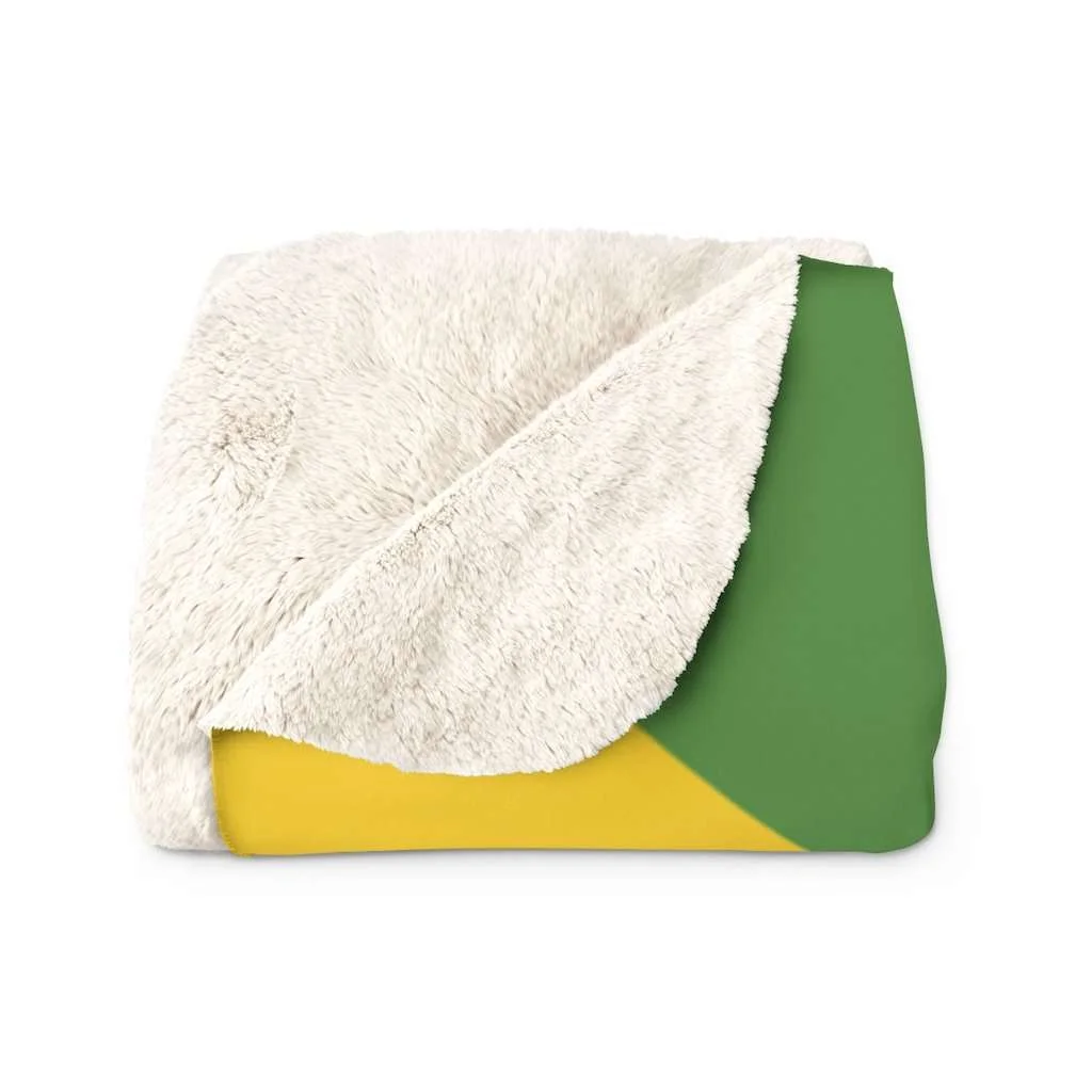 Jamaican Sherpa Fleece Blanket in vivid all over print design. Jamaican Flag with Coat of Arms Out of Many One People.