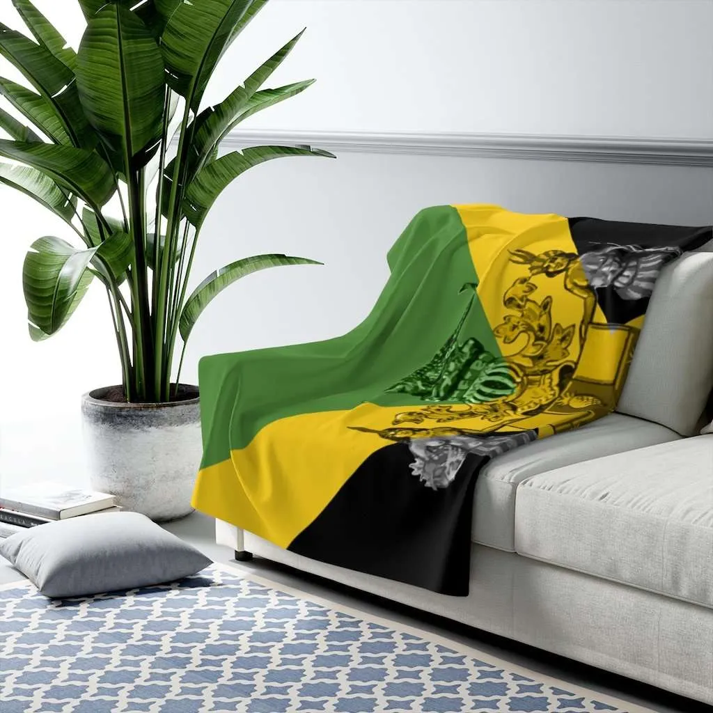 Jamaican Sherpa Fleece Blanket in vivid all over print design. Jamaican Flag with Coat of Arms Out of Many One People.