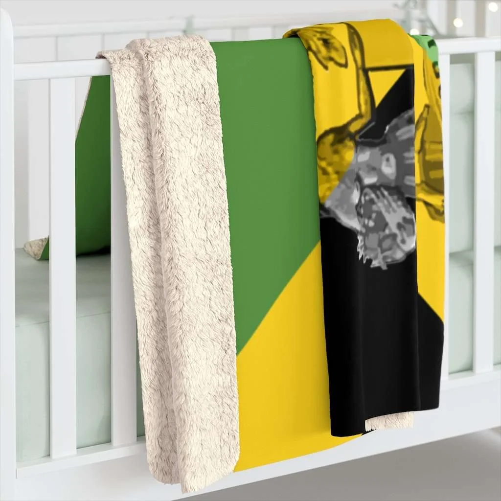 Jamaican Sherpa Fleece Blanket in vivid all over print design. Jamaican Flag with Coat of Arms Out of Many One People.