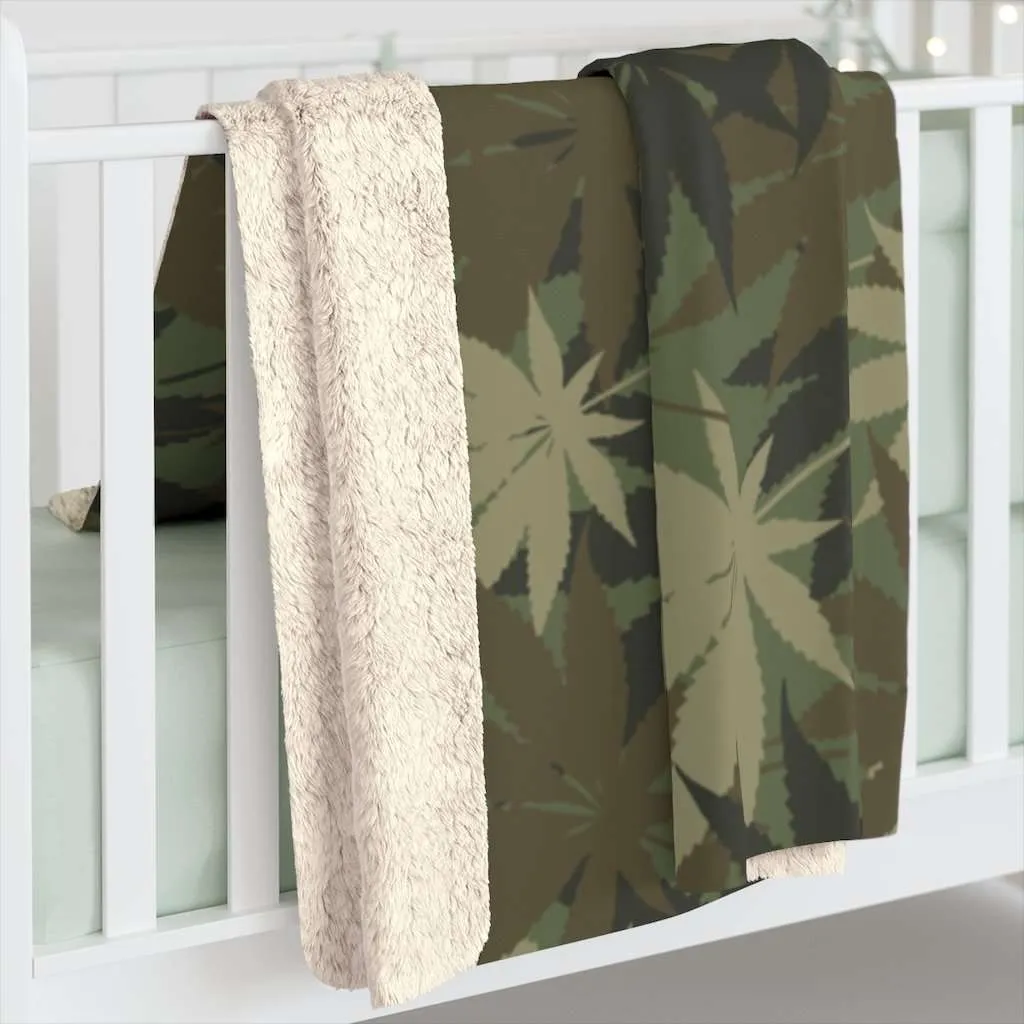 Hemp Camo Rasta Sherpa Fleece Blanket in vivid all over print design. Hemp Leaf Camouflage design, deliciously warm and cosy.