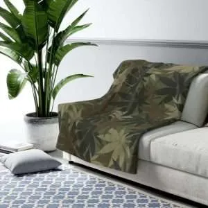 Hemp Camo Rasta Sherpa Fleece Blanket in vivid all over print design. Hemp Leaf Camouflage design, deliciously warm and cosy.
