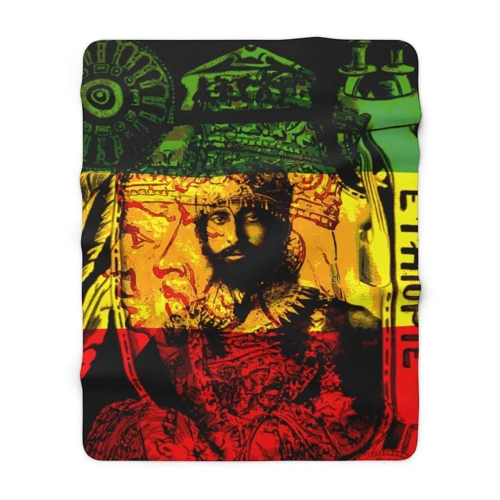 Haile Selassie Sherpa Fleece Blanket in vivid all over print rasta red gold and green design. Rastaseed merchandise and clothing.