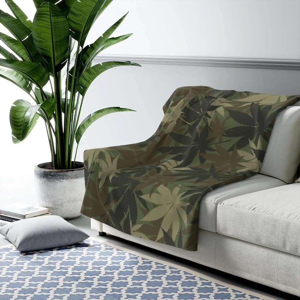 Hemp Camo Rasta Sherpa Fleece Blanket in vivid all over print design. Hemp Leaf Camouflage design, deliciously warm and cosy.